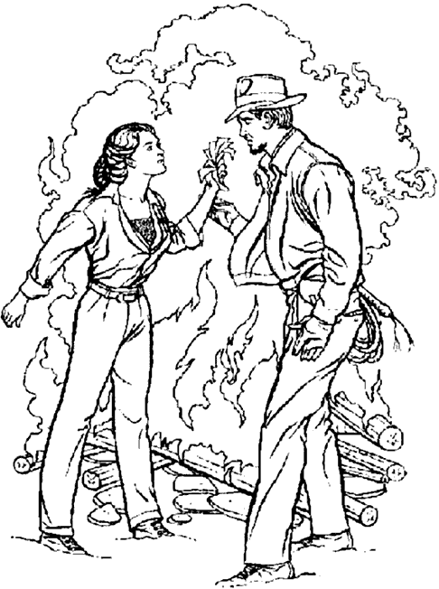Indiana Jones with a woman in front of a fire